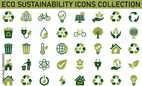 Eco sustainability icons collection, green energy renewable environment recycling symbols set, climate change protection vector illustration, clean power elements, 