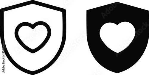 Two shield icons, one outlined and one solid, both featuring a heart symbol, representing protection and care.