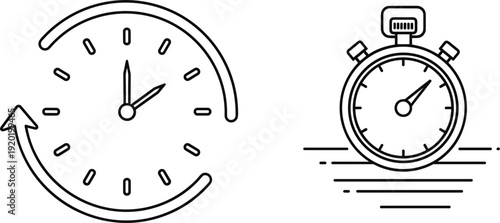 Time management icon set with analog clock face and stopwatch for deadline tracking efficiency and productivity vector illustration