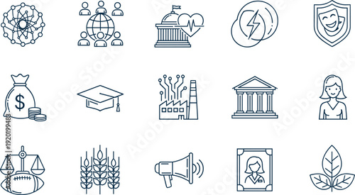 Social institution icon set with education finance justice government and community symbols for civic society vector illustration