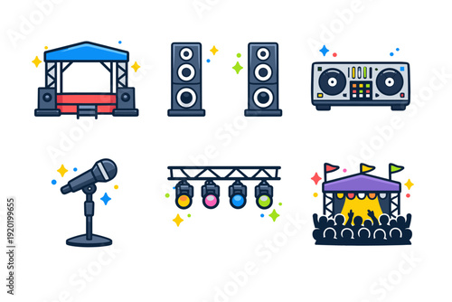 Colorful vector set of concert stage equipment including speakers, boombox, microphone, lighting rig, and festival crowd under canopy
