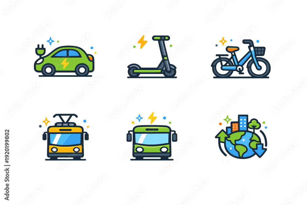 Naklejka premium Colorful flat icons of eco-friendly transportation including electric car, scooter, bicycle, tram, bus, and recycling globe for sustainable mobility