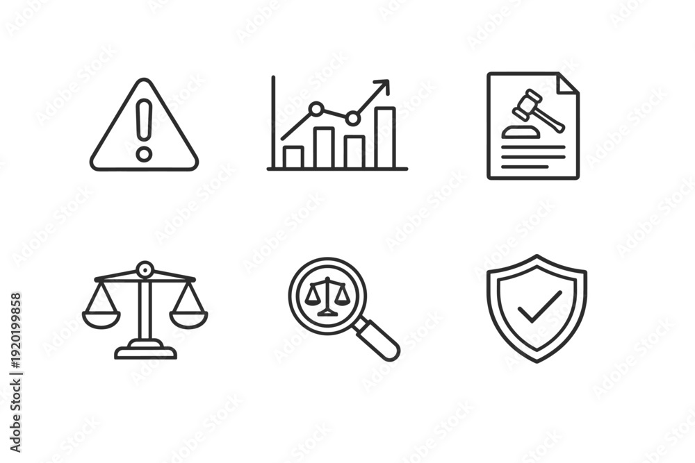 Fototapeta premium Minimal black outline legal and compliance icons set featuring warning, analytics chart, document, justice scales, magnifier, and shield checkmark