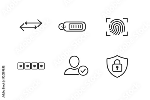 Minimal line icons for authentication and data protection showing fingerprint scan, password, secure user verification, token device, and shield lock