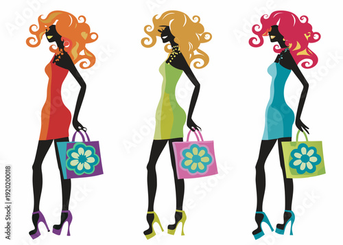 Three stylized women with colorful hair and shopping bags