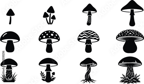 Mushroom silhouette vector set, black and white fungi collection, isolated toadstool icons, forest botanical elements, hand drawn mushroom shapes, 