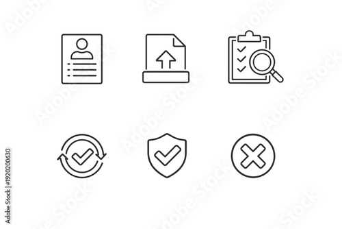 Minimal line icon set for documents and approval workflow featuring profile file, upload sheet, audit checklist, verification cycle, security shield, and rejection mark