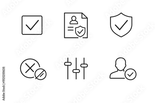 Minimal line icon set showing checkmark, verified document, security shield, cancel symbol, adjustment sliders, and approved user profile for UI design
