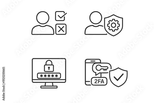 Minimal line icons showing user verification, account security, password protection and two-factor authentication concepts for safe online access