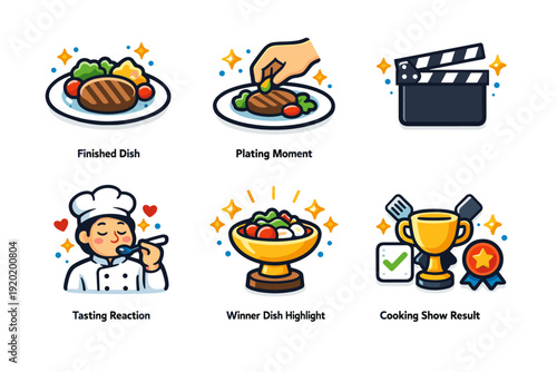 Cartoon cooking competition icon set showing finished dish, plating hand, clapperboard, chef tasting, winner bowl highlight, and trophy result badges