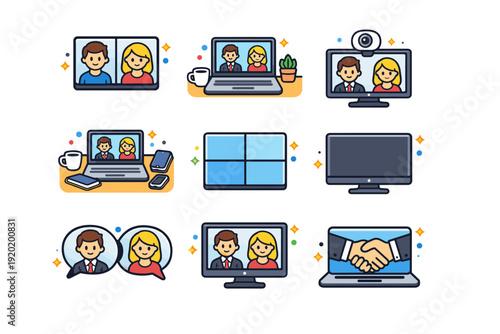 Illustrated icons of online business communication featuring video calls, laptops, desktop monitors, teamwork, support, and digital handshake agreement
