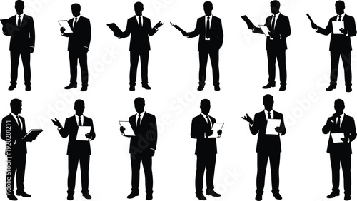 Business presentation silhouette illustration, corporate communication artwork, professional discussion design tribute, leadership strategy graphic, data analysis flat vector illustration