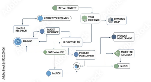 Business plan flowchart diagram showing startup development stages from initial concept to launch.
