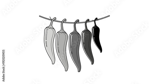 Monochrome illustration of chili peppers hanging on a string line.
