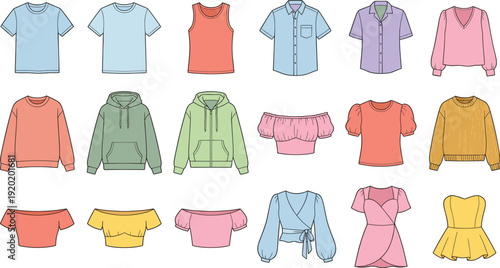 Women clothing collection vector set, trendy fashion apparel tops dresses hoodies shirts sweaters illustration, casual modern wardrobe outfit bundle,