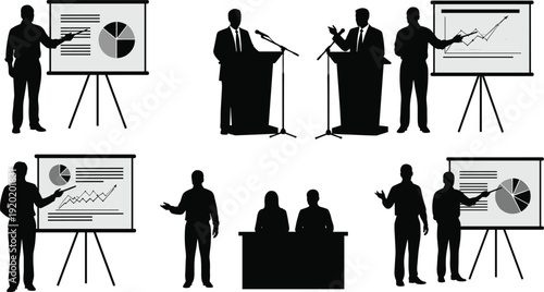 Business presentation silhouette illustration, corporate debate artwork, professional panel design tribute, leadership communication graphic,  office discussion flat vector illustration