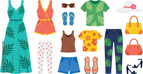 Women summer fashion collection vector set, tropical dresses tops pants shoes bags accessories illustration, trendy seasonal wardrobe essentials isolated on white background