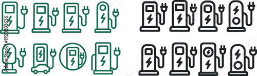 Various icons represent electric vehicle charging stations, showcasing distinct designs and features for convenient power solutions in urban areas. The focus is on sustainability and innovation.