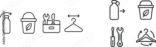 Various icons illustrate the steps for sustainability, including recycling bottles, composting, using tools, and organizing items effectively in a minimalist design.