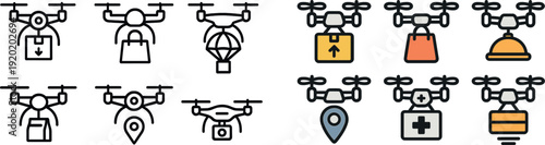 Illustrations depict six unique drone designs, each illustrating a specific delivery method, such as package drop-offs and cargo transport, in an artistic and simplified form.