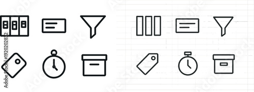 Various office items are arranged on a plain surface, including lockers, a credit card, a funnel, a price tag, a clock, and a storage box, showcasing workplace organization.