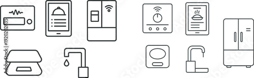 Collection of kitchen appliances showcasing smart features. Includes a digital display panel, tablet with menu, modern refrigerator, and a water faucet, designed for enhanced cooking efficiency.