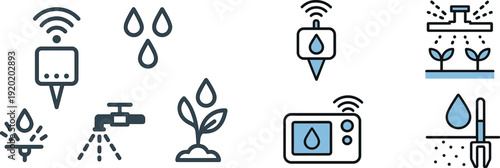 Various elements of an irrigation system are depicted, including a moisture sensor, water droplets, a faucet, and a plant. These tools aim to promote optimal water usage and plant health.