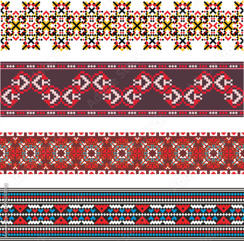 Traditional Slavic, Bulgarian decorative embroidery borders seamless vector series. Ornamental motifs for folklore costume, clothing, textile, damask, knitting, sewing. Cultural heritage. Pixel art.