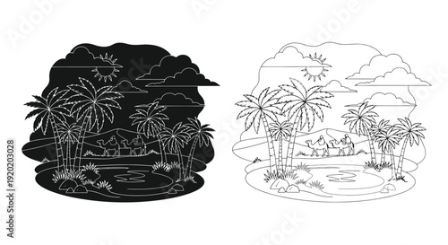 Tropical island scene depicted in contrasting black and white line art styles