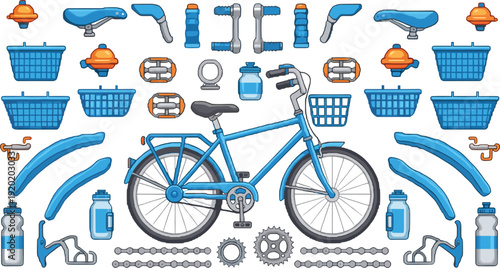 Blue city bicycle vector illustration with spare parts set featuring basket, pedals, seat, chain, bells, and water bottles for cycling.
