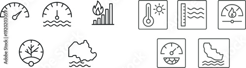 Visual representation features various icons for environmental metrics, showcasing gauges, fire, and growth data. Useful for illustrating ecological trends and monitoring efforts.