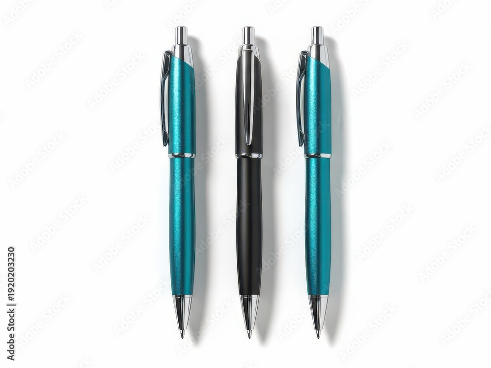 Fototapeta premium Three pens with blue, black, and turquoise ink in a row on a white background.