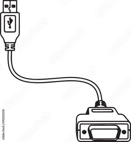 "USB to serial adapter cable vector illustration showing Type-A and DB9 connectors symbolizing legacy connectivity, data transfer, and electronic compatibility"