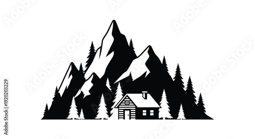 Minimalist illustration of a cabin nestled among snow capped mountains and trees