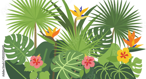 Tropical jungle background with monstera leaves, palm fronds, hibiscus flowers, and bird of paradise