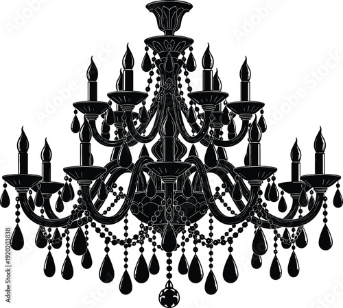 Elegant vintage black chandelier silhouette with hanging crystal droplets and glowing candle lights isolated on white background for luxury interior and home decor design