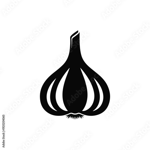 Simple black and white vector graphic illustration representing a whole bulb of fresh raw garlic a staple ingredient.