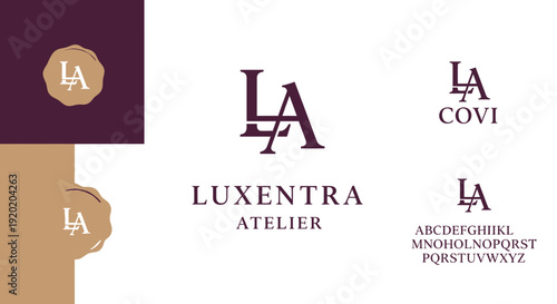 Luxentra Atelier Elegant LA Monogram Logo Design with Brand Elements, isolated white background.