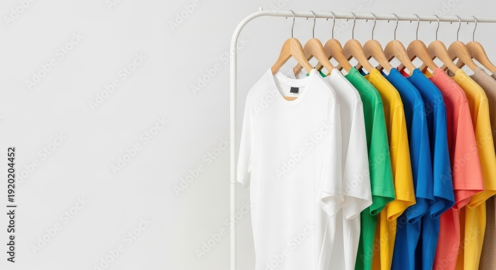 Obraz premium Colorful t shirts on rack isolated on white background