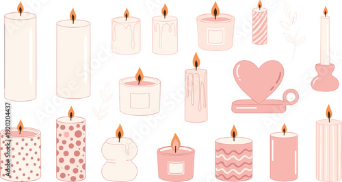 Pink Aesthetic Candle Cartoon Vector Set with Decorative Burning Candles and Cozy Home Decor Elements