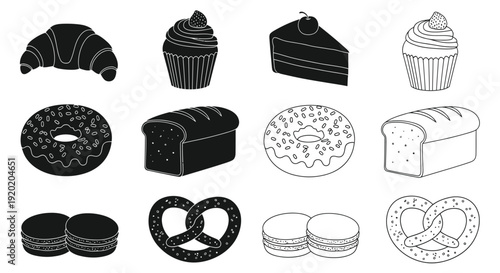 Black and white illustration of various baked goods and sweet treats