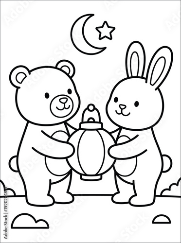 Adorable Bear and Bunny with Lantern Under Moon and Star Coloring Book Page