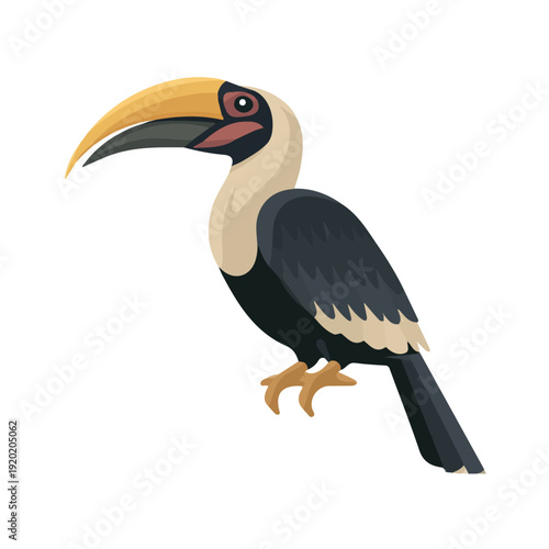 Modern flat 2D vector illustration of Hornbill, clean and minimal design, isolated on white background.