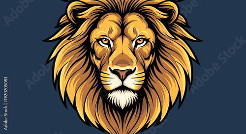 Majestic lion's head with golden mane on dark blue background