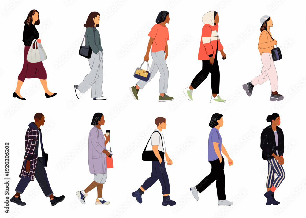 Fototapeta premium Diverse group of people walking in a minimalist flat illustration style