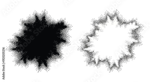 Two abstract shapes a dark and a light speckled form