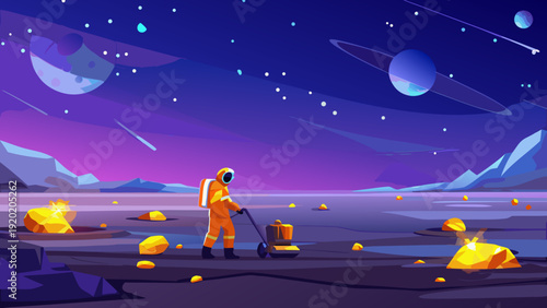 Astronaut explores a rocky alien landscape beneath a starry night sky