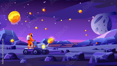 Astronaut explores an alien landscape with rover under a starry sky