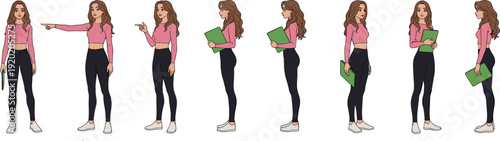 Young business woman character set holding folder standing pointing thinking walking poses office casual style cartoon vector illustration isolated professional female design
