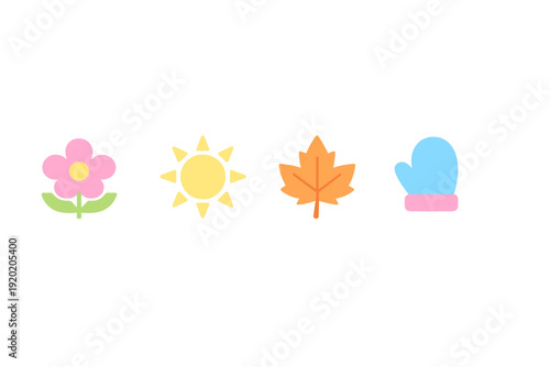 Four colorful flat icons representing the four seasons: a pink flower for spring, a yellow sun for summer, an orange leaf for autumn, and a blue mitten for winter on a black background.